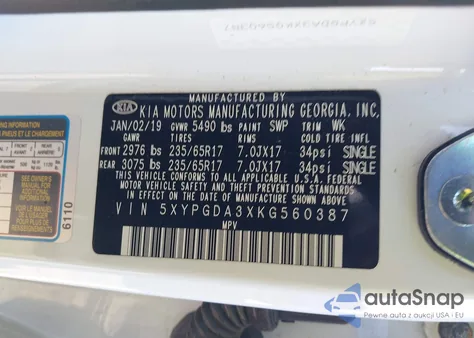 2019 Kia Sorento 2.4L Lx из США, поврежденный, VIN 5XYPGDA3XKG560387